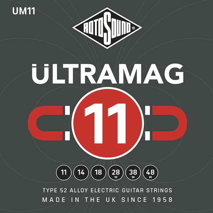 Rotosound Ultramag Ultra Mag red UM11 UM 11 Electric Guitar Strings. Nickel on steel British handmade quality best instrument string. giutar stings srings wire type 52 alloy roundwound round wound plain wrapped wrap high output set premium