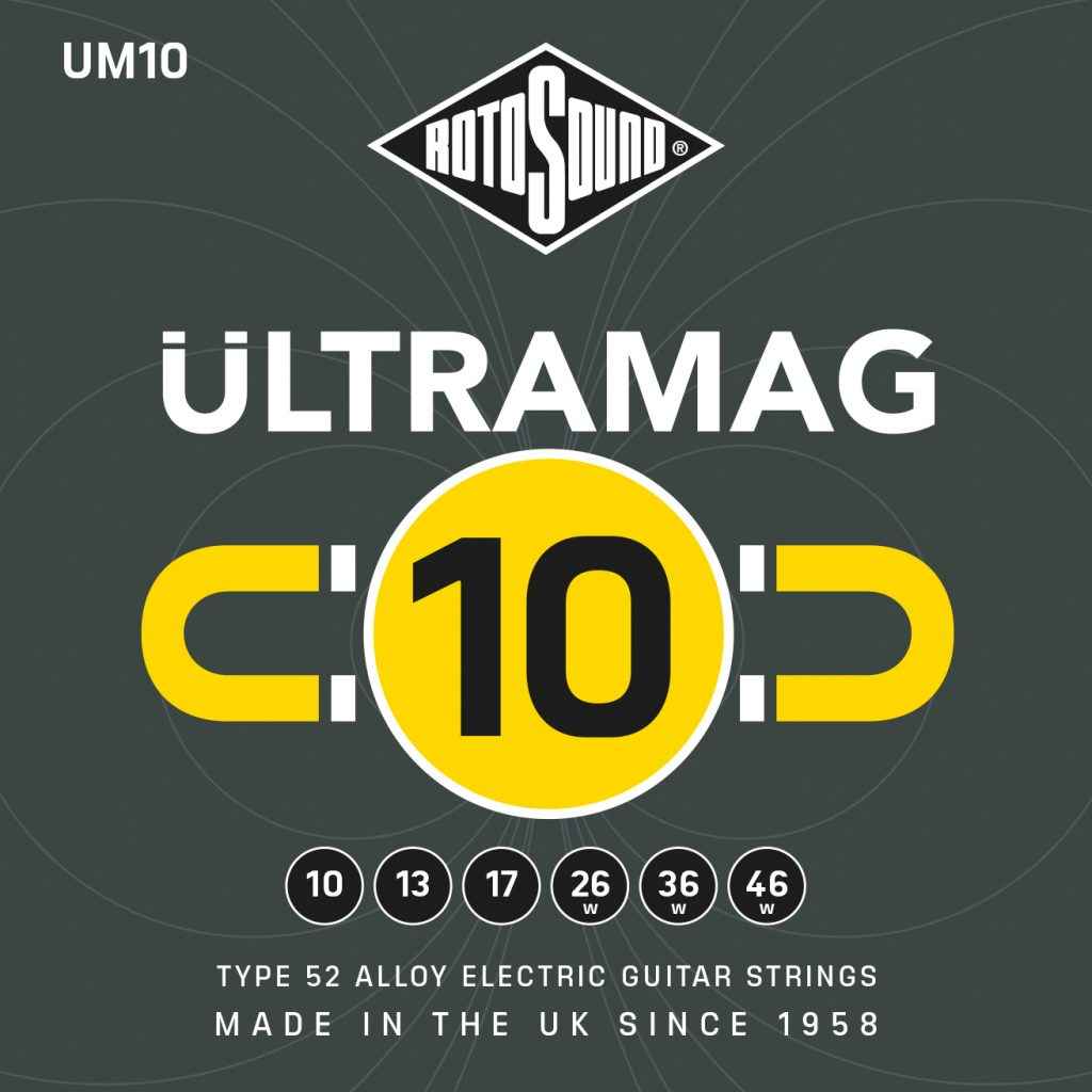 Rotosound Ultramag Ultra Mag Yellow UM10 UM 10 Electric Guitar Strings. Nickel on steel British handmade quality best instrument string. giutar stings srings wire type 52 alloy roundwound round wound plain wrapped wrap high output set premium