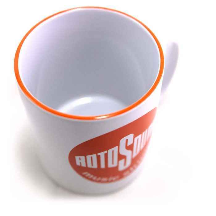 Orange vintage Rotosound logo on white mug top detail