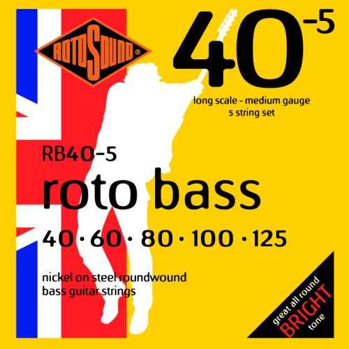Rotosound RB40-5 Roto Bass nickel wound bass strings. Nickelwound nickel on steel 5-string bass guitar strings 40 to 125