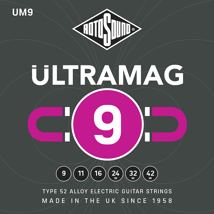 Rotosound Ultramag Ultra Mag pink UM9 UM 9 Electric Guitar Strings. Nickel on steel British handmade quality best instrument string. giutar stings srings wire type 52 alloy roundwound round wound plain wrapped wrap high output set premium