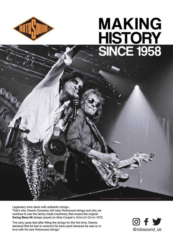 Rotosound Making History Advert Design Dennis Dunaway Alice Cooper Swing Bass 66 bass guitar strings iconic legendary bassist advertising campaign