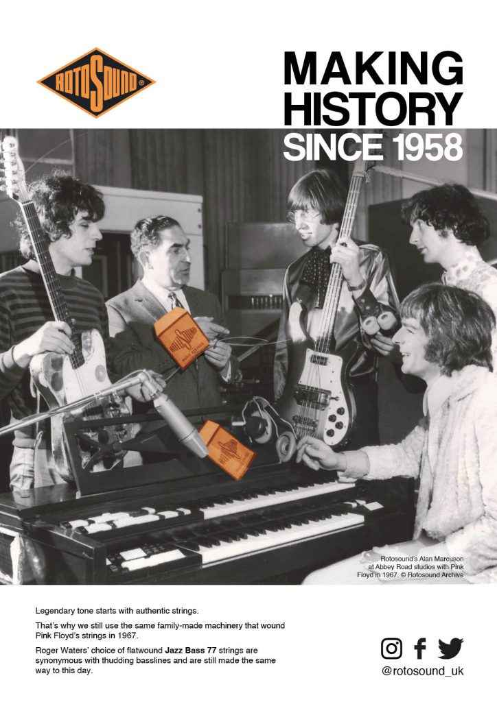 Rotosound Making History Advert Design Pink Floyd Syd Barrett Roger Waters British Steel Swing Bass 66 bass guitar strings iconic legendary guitarist bassist advertising campaign