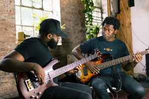 Steve Walters and Evander Swaby bassists in London bass guitar lesson. Photo credit Rotosound
